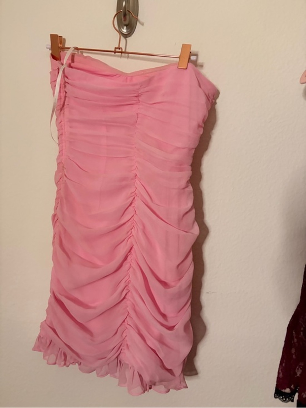 For Love & Lemons Pink Ruched Strapless Mini Dress